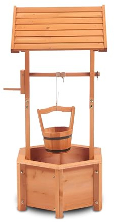 PaMeer Wooden Wishing Well Planter - Patio Decor for Garden Ornaments & Outdoor Plant Display, Patio Planter, Wishing Well with Hanging Bucket, Outdoor Flower ornament