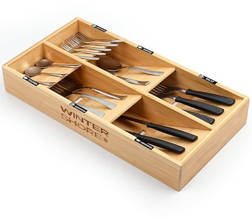 Winter Shore Bambus Besteckkasten für Schubladen mit Etiketten - Schubladeneinsatz Küche - Besteck Organizer Schublade für Löffel & Messer mit 6 Fächern - Doppelschichtiger Besteckkasten Holz