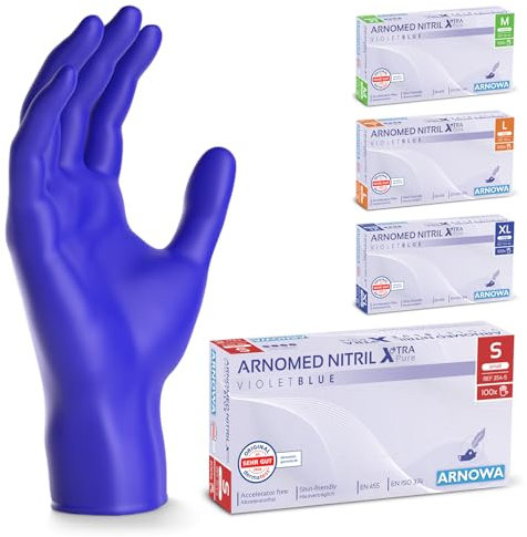 ARNOMED Gants nitrile taille S, gant bleu violet, 100 pièces/boîte, gants jetable sans accélérateur, non poudrés, sans latex, gants en caoutchouc hypoallergénique, gants en S, M, L, XL