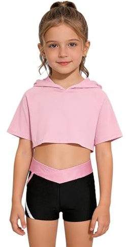 Linjinx Enfant Fille Ensemble Patinage Artistique Justaucorps Gymnastique Manches Courtes Sweat à Capuche + Brassière Sport + Short de Danse Yoga Sportswear 5-16 ans Un rose 7-8 ans