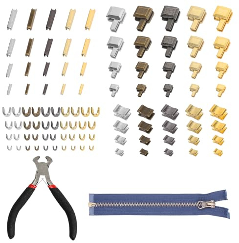 100 Pezzi Set di Riparazione con Chiusura Lampo Cerniera di Ricambio Kit Riparazione Cerniere Lampo con Pinze per Installazione Metallo Lampo Riparazione Kit per Giacca Jeans Cucito