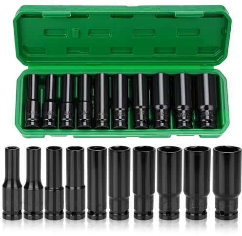 Nutmanel 1/2 Juego de 10 piezas Llaves de Vaso Impacto, CR-V Métricos 8-24mm Vasos de Impacto Largos, Juego de Llaves de Vaso Hexagonales, Vasos Impacto Set, para de Coches Cambio Neumáticos