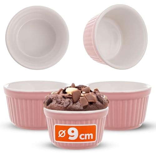 KADAX Soufflé Moulds Set, 3 Pieces, Diameter 9 cm, Crème Brulee Bowls, Small Ceramic Oven Cases for Creme Brulee, Souffle & Ragout Fin (Pink)