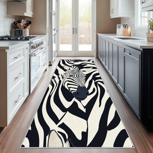 Generisch Läufer Flur Zebra, Waschbarer Teppich Läufer Schwarz Weiss 60x120, Küchenteppich, Eingangsbereich, Bettvorleger, Schlafzimmer Deko, rutschfest, Kurzflor g47