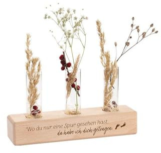 Vasenständer Spuren im Sand: Blumen- und Gräservase mit 1 Glaseinsatz - Ermutigende Deko: Holz-Vase mit Reagenzgläsern und hochwertiger Gravur als Geschenk mit Spruch