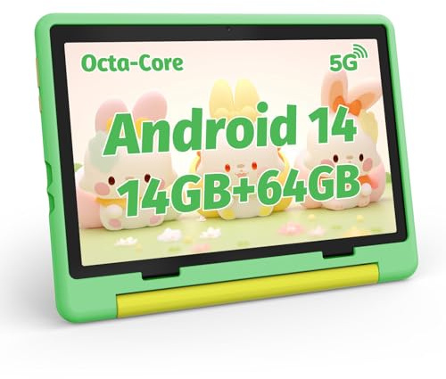 MUISOO Tablette pour Enfant 10 , Android 14, processeur Octa Core, écran HD 1280 x 800, Batterie 5000 mAh, 14 Go + 64 Go + 1 to TF, WiFi 6, BT5.0,5 MP + 8 MP, Double Appareil Photo Android, Vert