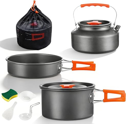 Set di 3 pentole da campeggio, con pentola da campeggio, padella e teiera da 1,1 l, in alluminio, per campeggio, escursioni, picnic e cucina all'aperto