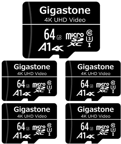 Gigastone 64 GB 5-pack Micro SD-kort med 1 x SD-adapter + 2 x mini-fodral, 4K UHD-video, övervakningskamera actionkamera drönare professionell, 90 MB/s Micro SDXC UHS-I A1 klass 10