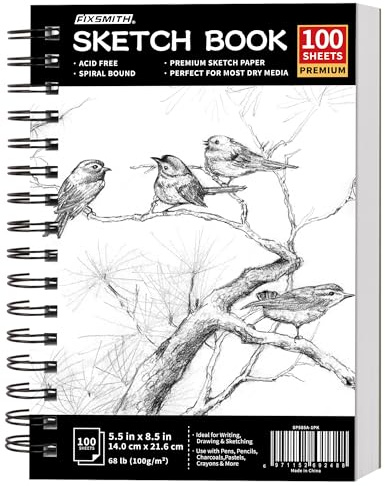 FIXSMITH A5 Sketchbook, 5.5X8.5 Sketch Book 100 Sheets (68 lb/100gsm), Drawing Paper for Kids, Spiral Bound Artist Sketch Book, Ideal for Beginners,Artists & Professionals, Bright White