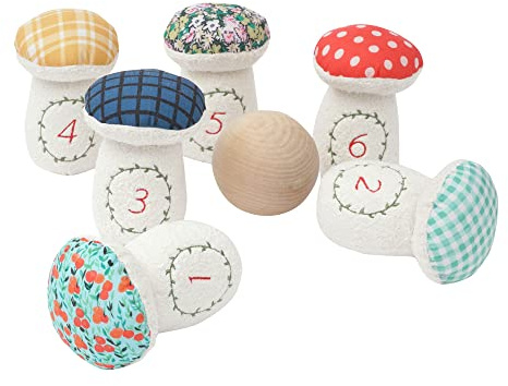 Manhattan Toy 345190 Dekoratives 8-teiliges Soft Toadstool Junior Bowling-Set für Kinder ab 3 Jahren, Mehrfarbig