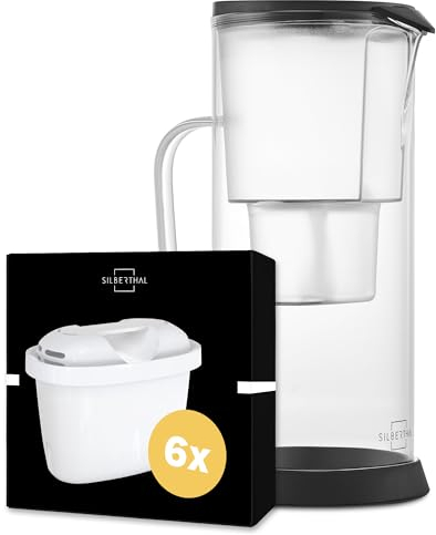 SILBERTHAL Wasser Filterkannen Set inkl. 6er Pack Filterkartuschen - Glas - Reduziert Kalk und Chlor - 2,7 Liter