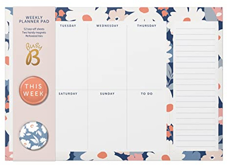 Busy B Weekly Planner Pad – Floral Design – Week-to-View Planner with 52 Tear-Off Sheets, Two Handy Magnets, Perforated Lists & Space for Notes - Perfect for Staying on Track of Plans & Reminders