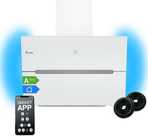 Dunstabzugshaube 60 cm | Kopffreie Wandhaube | Edelstahl | weißes Glas | WLAN | Nachlaufautomatik | RGBW-LED-Beleuchtung | SensorTouch Bedienung | ECCO609WHCM