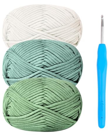 Häkelgarn Baumwolle Häkelwolle Chenille Wolle zum Häkeln 3 x 50g Häkelwolle mit Häkelnadel 4mm,Dickes Baumwoll-Nylon-Mischgarn Salbeigrün