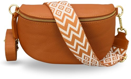 Adel Bags EMMA Gold Bauchtasche Echtleder Handgefertigt Crossbody Bag | Damen Umhängetasche, Echtes Leder, Schultertasche mit Ledergurt & wahlweise gemustertem Riemen, 2 Fächer, Made in Italy