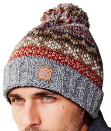 Pachamama Bonnet en laine pour homme à pompons doublé en polaire tricoté à la main Fairisle classique taille unique fait à la main extra chaud commerce équitable, gris, L/taille unique