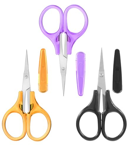 Piriuuo - Juego de 3 tijeras de viaje con funda protectora recta, acero inoxidable, naranja, negro, morado