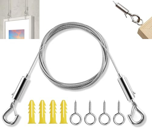 Juego de Cable de Colgar de Acero Inoxidable, Ajustable Alambre para Colgar con 2 Ganchos y 4 Tornillos, 2mm × 5m Cable de Acero Inoxidable, Alambre para Colgar Marco de Imagen Ropa Cuadros Soporte