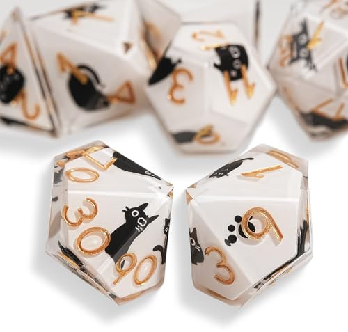 DND Cat Dice Set Cute 7 Pack, D&D Dice Set with Gift Box Polyhedral & RPG Mtg Dice Sharp Edge for Roleplaying MTG Table Games with Dice Bag, Resin