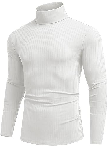 COOFANDY långärmad tröja herr polotröja tröja polotröja herr tröja stickad tröja baströja herr, Vit, S