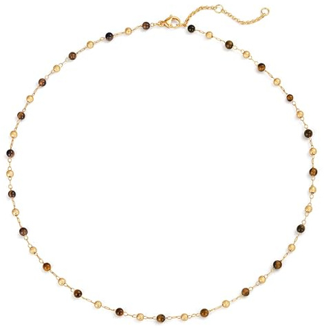 VACRONA Small Beads Choker Necklace for Women 14K Gold Plated Yellow Tiger's Eye Beads Station Link Chain Dainty Gold Boho Summer Jewelry for Women Trendy