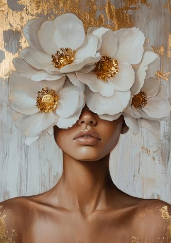 STYLER Leinwandbild Henriette 70 x 100 cm (AUFHÄNGFERTIG) I Ausdrucksstarkes Porträt I Frau mit weißen Blüten auf goldenem Hintergrund I Kunst Wandbild Wohnzimmer Schlafzimmer Flur Büro