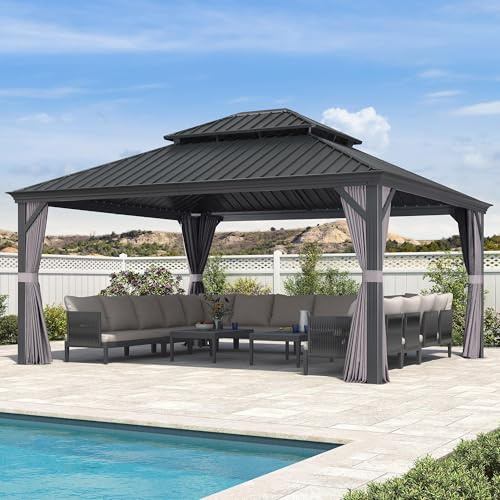 PURPLE LEAF Pabellón de Jardín Exterior 4,85 x 4,25 m Pérgola de Aluminio con Mosquitera y Cortinas, Pabellón de Jardín de Doble Techo de Acero Galvanizado, Gris