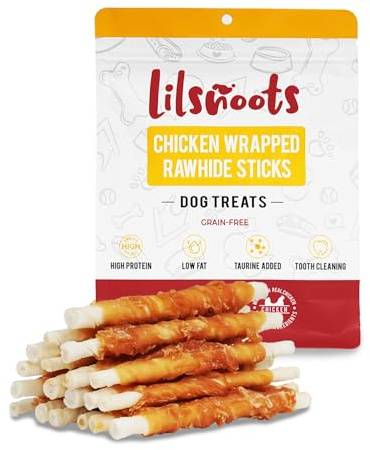 LILSNOOTS Chicken Wrapped Rawhide Sticks Dog Treats 10.6oz w/Taurine Rawhide Sticks Puppy Training Snacks Long Lasting Dog Chews Gluten Grain Free Dental Health Treats High Protein Low Fat