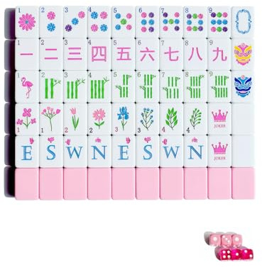 HYZYey 160 Acrylic Engraved Mahjong Tile Set American Mah Jongg Game Tiles with PU Bag 6 Dice Accessories Gifts for Majong Players Beginners (Light Pink)