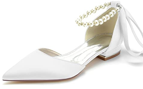 HFWXYSA Ballerines Femmes Bride Cheville Chaussures Plates à Bout Pointu Élégantes Chaussures De Mariage à Bout Fermé,Blanc,36 EU