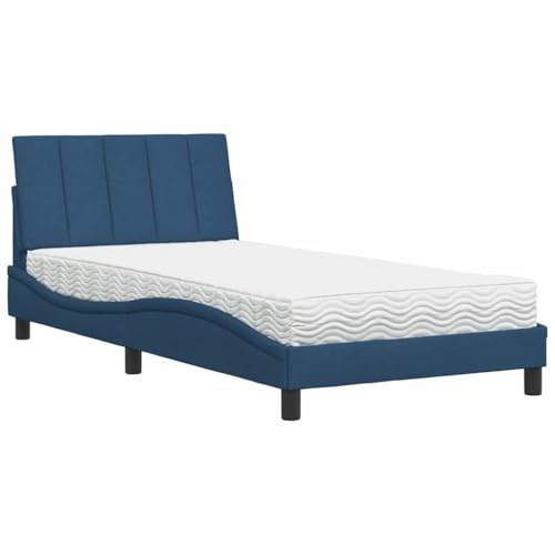 SooIarix Letto con materasso Hanko blu, 100 x 200 cm, in tessuto, rete a doghe integrata, materasso in schiuma confortevole, cuscino per testiera, stabile letto familiare, senza letto a molle