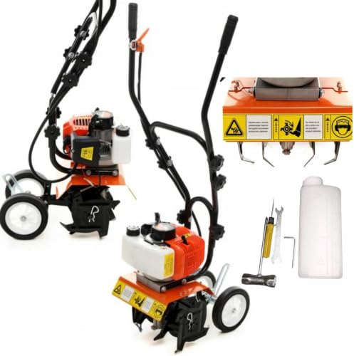 Motozappa a scoppio 52cc 7 CV, Larghezza di lavoro 340 mm, Profondità 130 mm, Motocotivatore per Giardino, Orto e preparazione del terreno con Zappette Acciaio