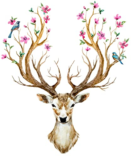 WandSticker4U®- XXL Wandtattoo HIRSCHGEWEIH mit Blumen und Vögeln I Wandbilder: 81x97cm I Wand Deko Rentier Wald-tiere Kopf Reh Aufkleber I Wandsticker für Wohnzimmer Schlafzimmer Küche Flur