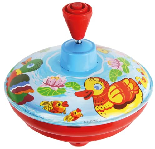 Lena 52410 Brummkreisel Enten Ø 14 cm, Metall Schwungkreisel aus Blech, klassischer Pumpkreisel, Blechkreisel mit Tier Motiv, Kreisel mit Standspitze, Spielzeugkreisel für Kinder ab 18 Monate Bunt