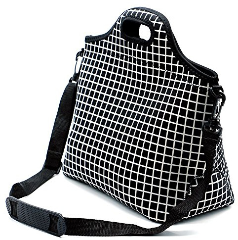 Case Wonder Lunch Taschen, Neopren Lunch Tote, Isoliert Große Kühler Mittagessen Tasche, wiederverwendbare waschbare Lunch Box mit Schultergurt für Männer / Frauen / Schule(L. Schwarzes Raster)