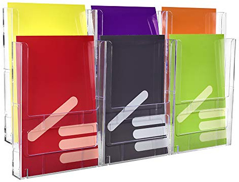 Wandprospekthalter mit 6 Fächern für DIN A4 Hoch transparent | Für Flyer und Prospekte in DIN A4 Hoch, 23mm Fülltiefe je Fach, modulares System mit Wandschiene, erweiterbar