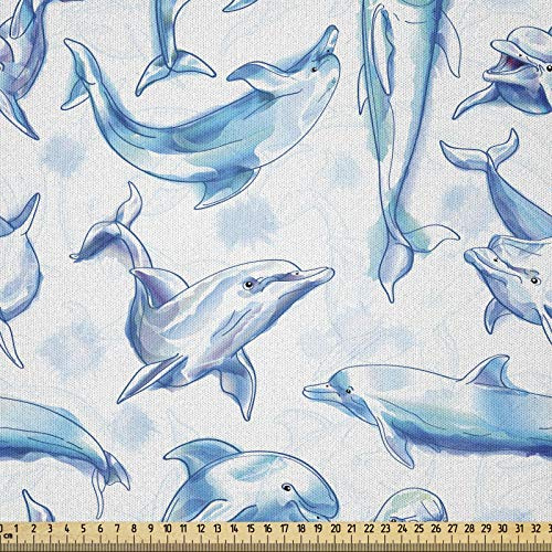ABAKUHAUS Ocean Life Stoff als Meterware, Skizze der Delphine, Microfaser Stoff für Dekoratives Basteln, 1M (230x100cm), Türkis Weiß