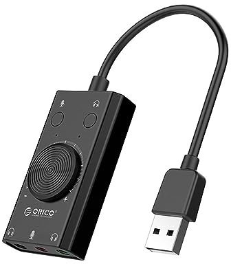 Orico Tarjeta de Sonido USB Externa con Control de Volumen Amplia Compatibilidad 3 Puertos de Audio para Conexión de Auriculares Altavoz Micrófono Longitud del Cable 10 cm
