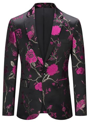 YOUTHUP Broderi blazer för män smal passform blommig kostym jacka snygg blommig smoking jackor, Röd-607, XL