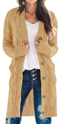 MEROKEETY Women's 2025 Long Sleeve Cardigan Sweater Fall Winter Cable Knit Open Front Button Long Outerwear, Khaki, S