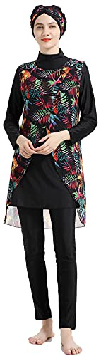 WOWDECOR Muslimska badkläder för kvinnor blommig blygsamhet baddräkt islamisk hijab burkini strandkläder tankini baddräkt, Svart, L
