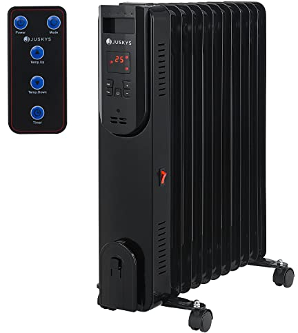 Juskys Elektroheizung Ölradiator 2500 Watt - Heizung elektrisch mit 3 Stufen, Thermostat, 12 h-Timer & Überhitzungsschutz - Radiator Schwarz