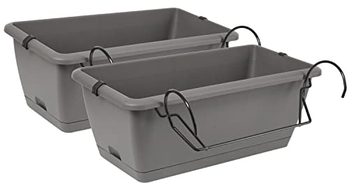 Tymar Blumenkästen für Balkon, Geländer, 2er-Pack, Balkonkasten mit Halterungen, inkl. Bewässerungssystem ((2 Pack) Grau; 40 cm)