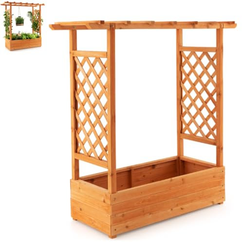 GiantexUK Raised Garden Bed with Arch Trellis, Wooden Garden Planter Box with Drainage Holes, Climbing Plants Vines Vegetables Herbs Flower Pots Grow Box for Patio Backyard (Orange, 110x44x113cm)