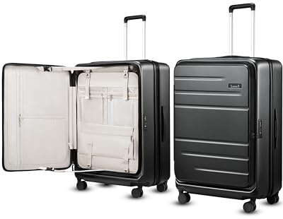 LUGGEX Checked Suitcase with Spinner Wheels, FLO5 Top Opening Expandable Polycarbonate Hard Shell Suitcase with TSA Approved Lock (FX-Core, Black, 28 Inch)