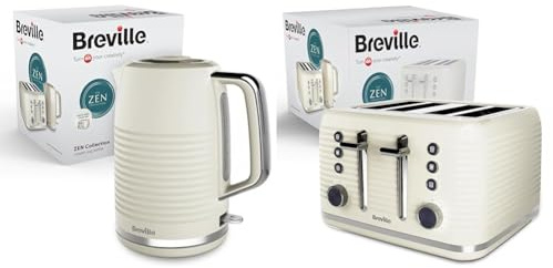 Breville Zen Electric Kettle and Zen 4-Slice Toaster | Cream & Silver Chrome [VKT251 + VTR028]