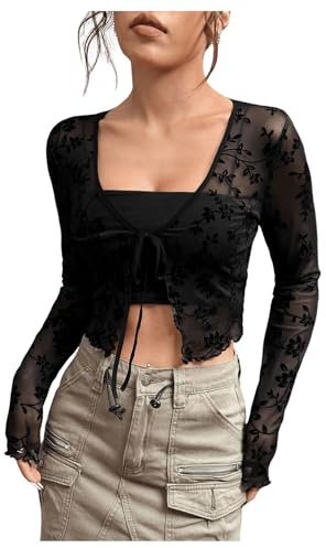 GORGLITTER Women's Sheer Mesh Tie Front T Shirt Long Sleeve V Neck Tee Sexy Crop Tops Lightweight Cardigan Black M