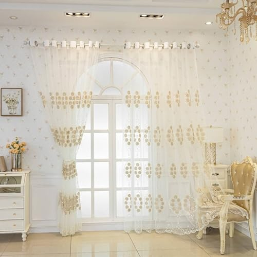 Gardinenschals 2er Set mit Schlaufen, Vorhänge Halbtransparent 132x244CM Landhausstil Jacquard mit Blumen Motiv Gardinen Polyester Beige Lichtdurchlässig Schiebevorhänge Wohnzimmer Schlafzimmer