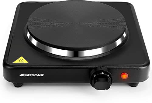 Aigostar Hornillo Eléctrico 1500W, Placa de Hierro Fundido 18cm, 5 Niveles de Temperatura, Cocina Eléctrica Portátil, Fácil de Usar, Calentamiento Rápido, Ideal para cocinas pequeñas y camping, Negro