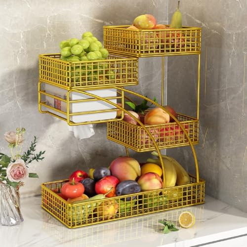 JUNYFFF Frutero De 4 Pisos,Cesta De Frutas De Metal, Fruteros De Cocina Modernos, Fruteros De 4 Niveles, Canasta De Frutas para Pan, Verduras, Aperitivos, Estantería Esquinera,Oro